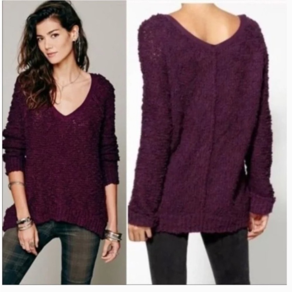 Free People Eggplant Open Knit V-Neck Sweater - Picture 2 of 12